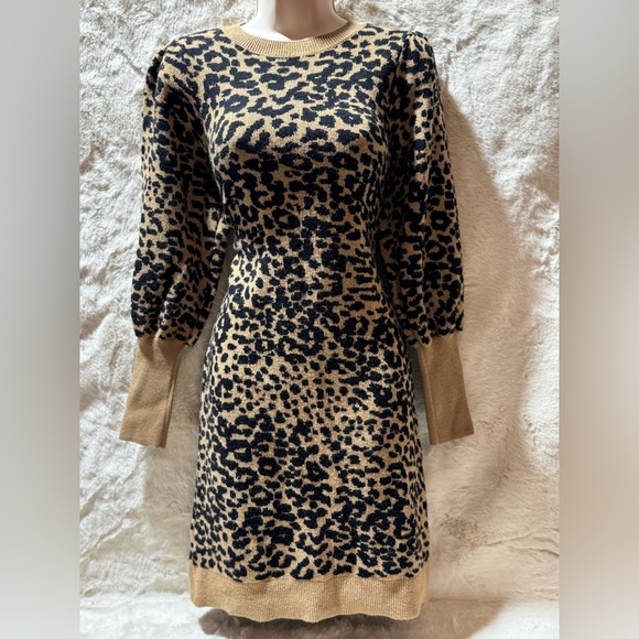 LOFT Knit Sweater Dress medium Leopard Print crew Neck Y2K Fall Autumn NWOT - Picture 1 of 13
